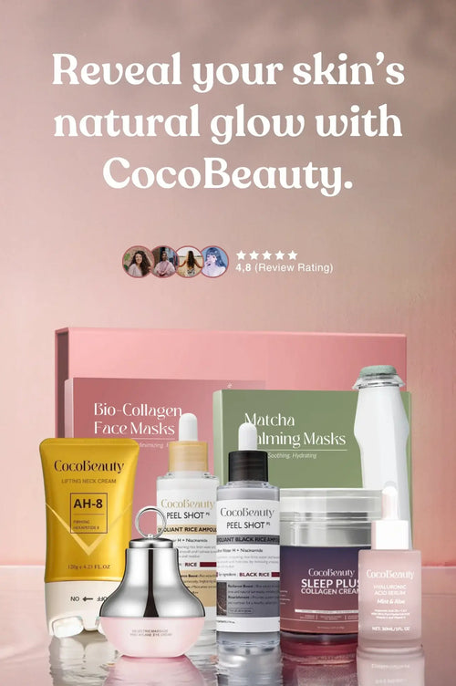 CocoBeauty skincare products on a pink background with promotional text.