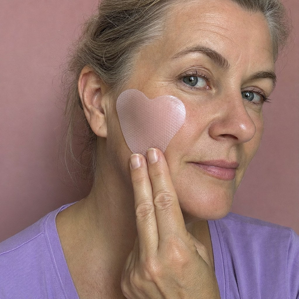 Woman holding the heart patch to her cheek